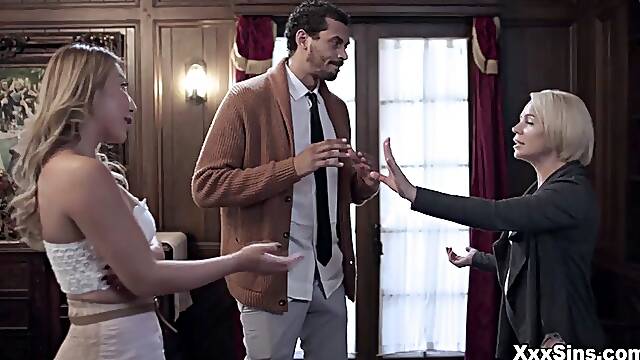 The husband fucks the mistress when his furious wife comes home!