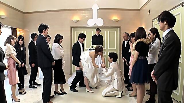 Slutty Japanese bride in lingerie indulges in wild group sex