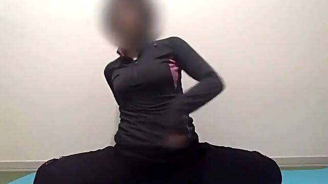 Fit wife stretches after workout and shows off big tits