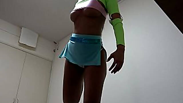 Tanned natural tits Japanese girl takes off no bra mini tank top, micro mini skirt, and thong panties and becomes naked