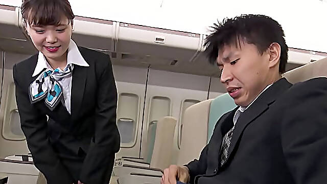 Japanese Stewardess give nervous Guy a Blowjob with Cum in Mouth directly in Plane in Uncensored JAV Porn