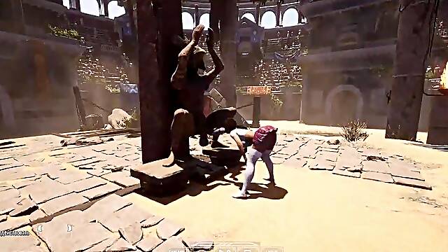 An ancient statue awakened and began to fuck Lara in an arena with 1,000 spectators. 3D Hentai Game
