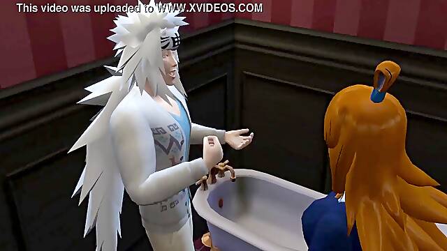 Naruto Cap four despues de estar entrenando el pervertido fue al baño y se encuentra a la mizukage la seduce se la folla como toda una buena mummy ella le gusta que le acabe en la boca