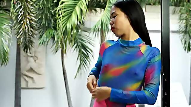 Asianspandexsluts - Get wet with Maiko as she touch herself in a pool wearing a colorful Leotard and Bright Pink Pantyhose